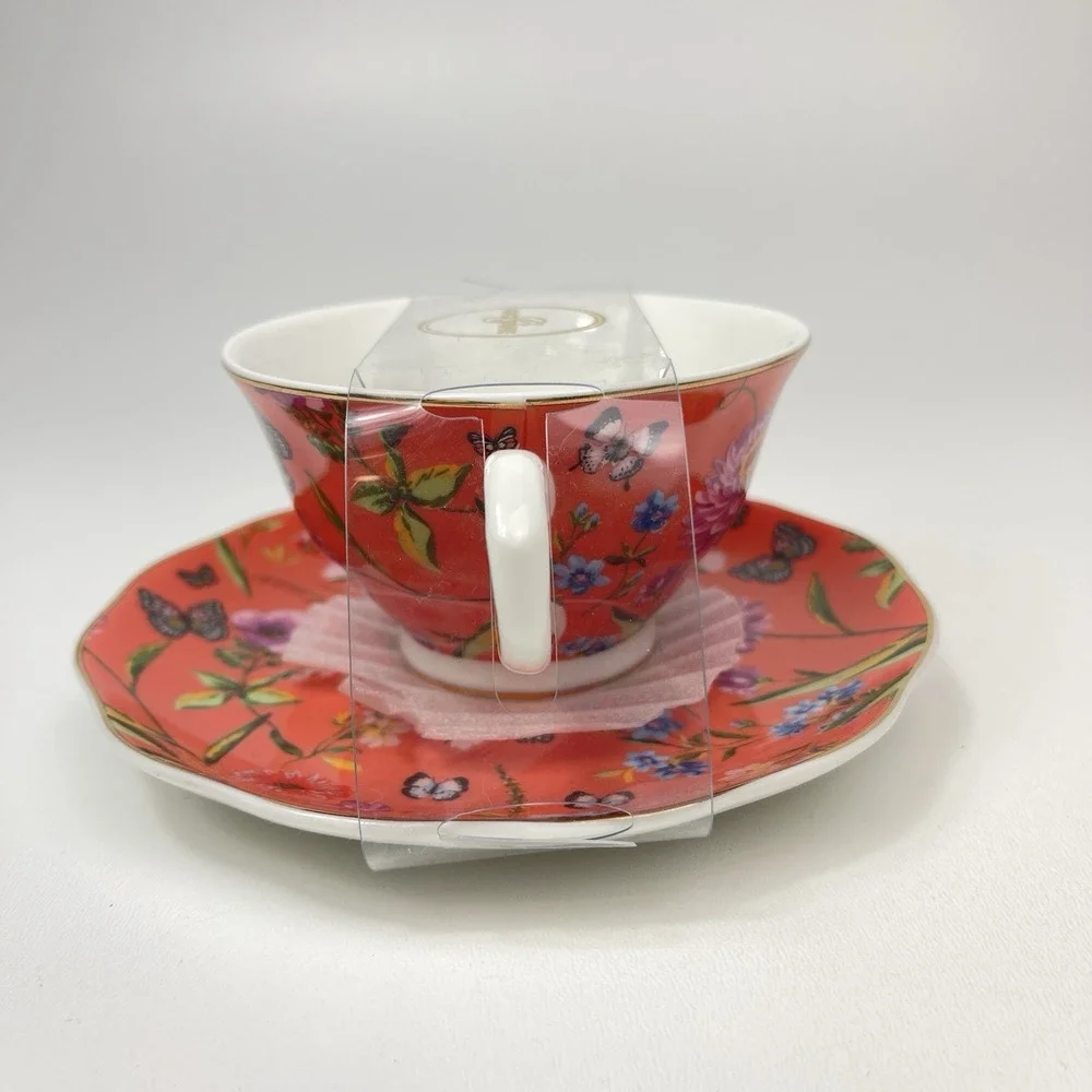 Grace Teaware Orange Floral Butterfly Teacup Saucer Set Gold Rim‎ Fine Porcelain
